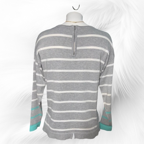 89th & Madison Women’s Gray White Teal Striped Crew Sweater Zipper On Back EUC - Picture 3 of 6